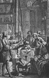 Experimento eléctrico realizado en un hombre por el Abate Jean Antoine Nollet (1700-70) en un gabinete de físico, ilustración del frontispicio de 